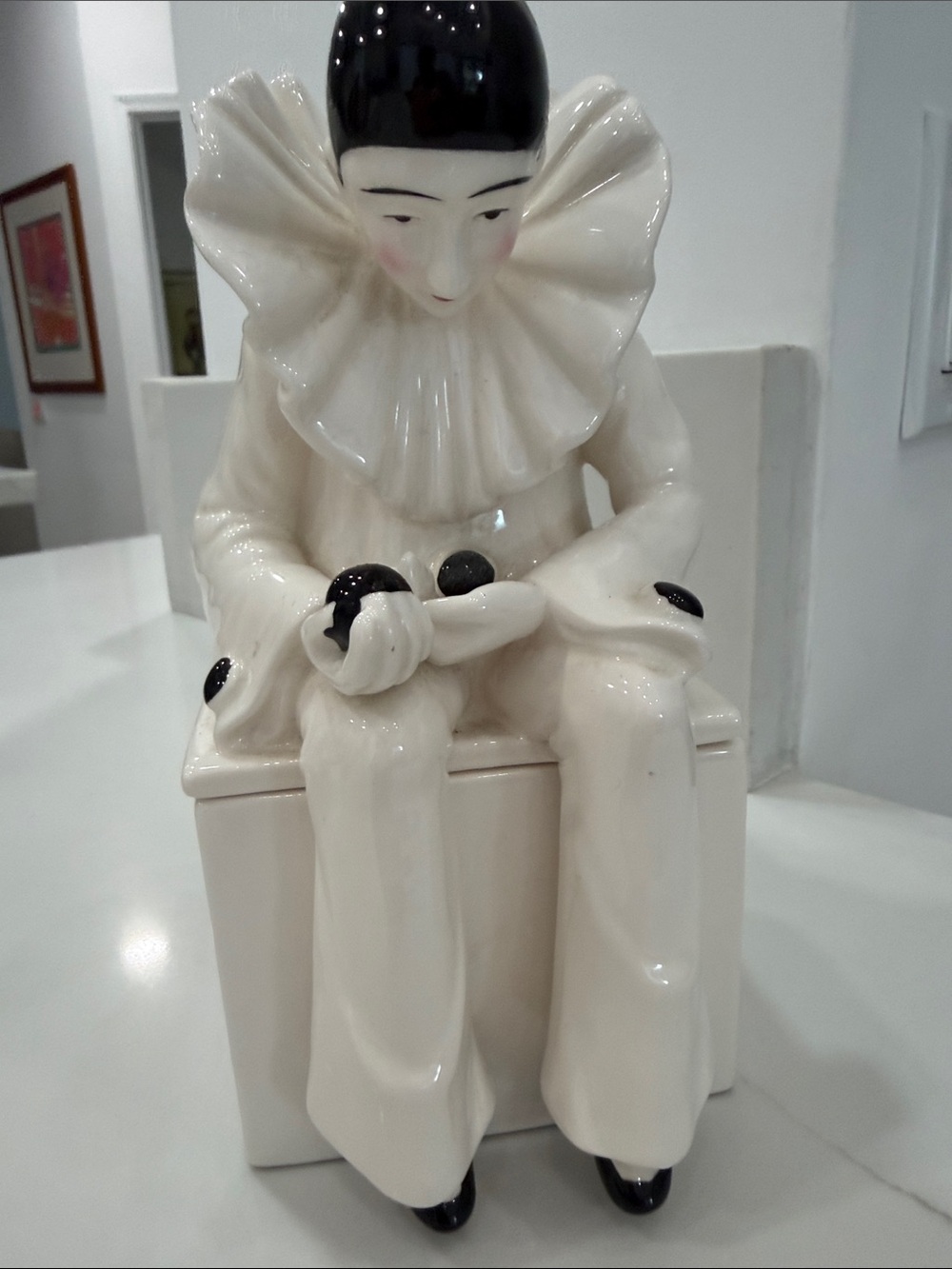 Porcelain Pierrot Figurine in Glossy White and Black